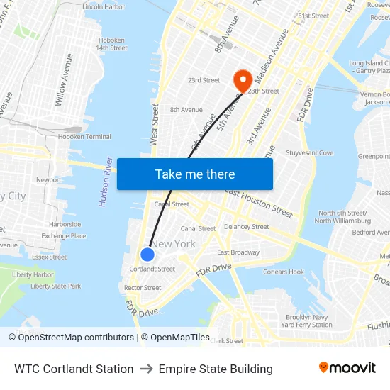 WTC Cortlandt Station to Empire State Building map