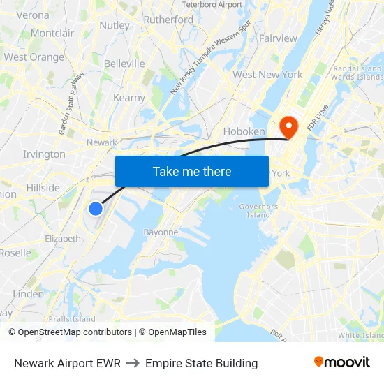 Newark Airport EWR to Empire State Building map