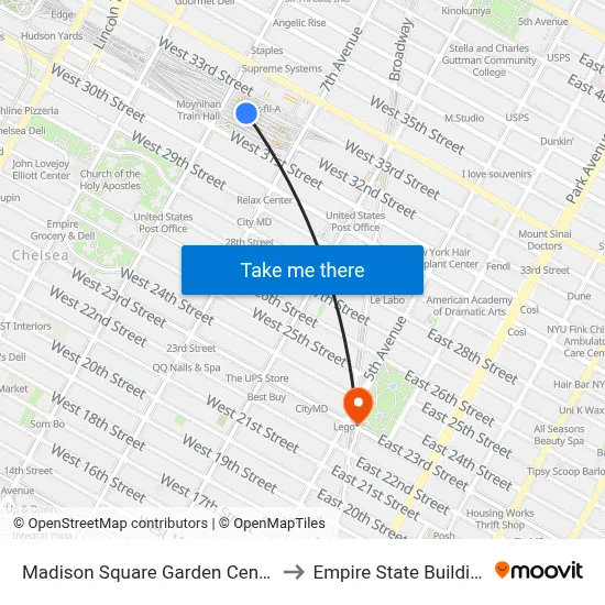 Madison Square Garden Center to Empire State Building map