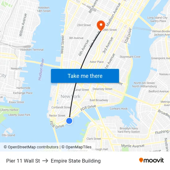 Pier 11 Wall St to Empire State Building map