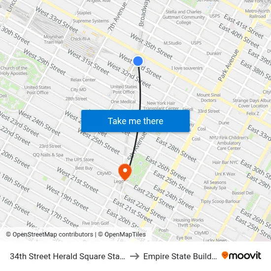 34th Street Herald Square Station to Empire State Building map