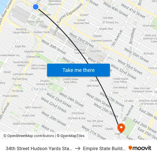 34th Street Hudson Yards Station to Empire State Building map