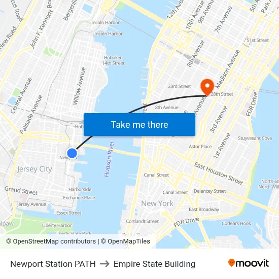 Newport Station PATH to Empire State Building map