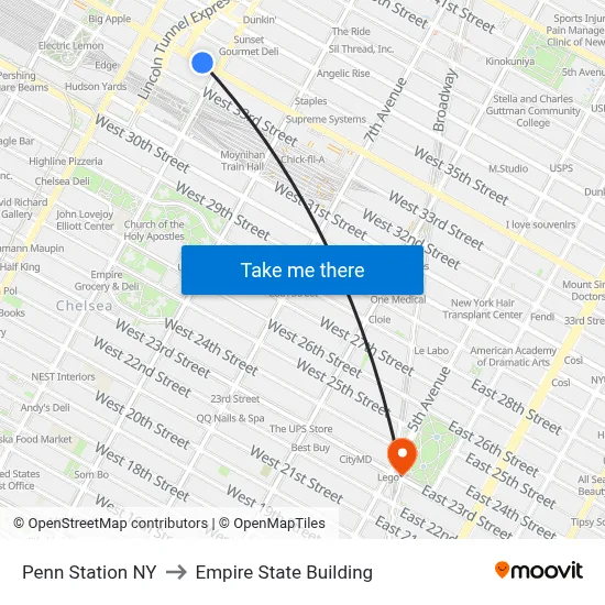 Penn Station NY to Empire State Building map