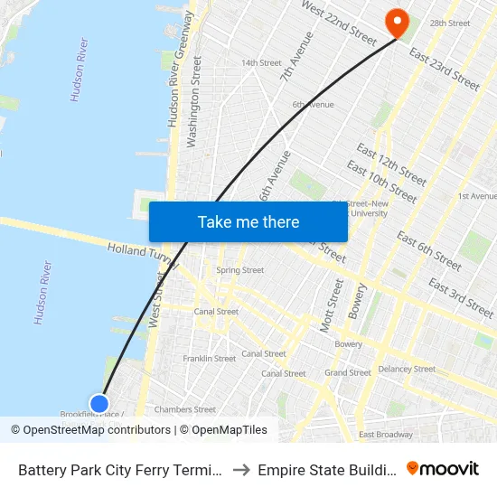 Battery Park City Ferry Terminal to Empire State Building map