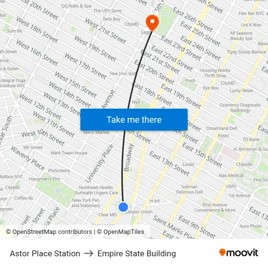 Astor Place Station to Empire State Building map