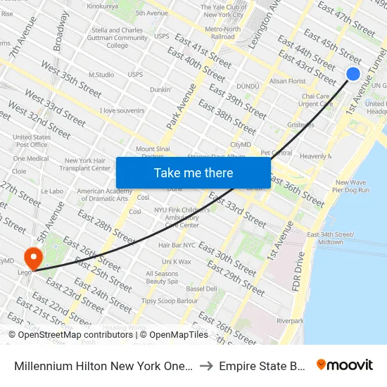 Millennium Hilton New York One UN Plaza to Empire State Building map