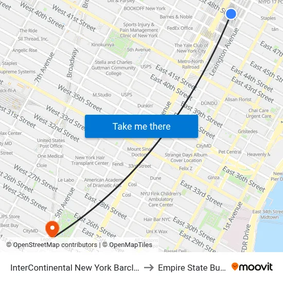 InterContinental New York Barclay Hotel to Empire State Building map