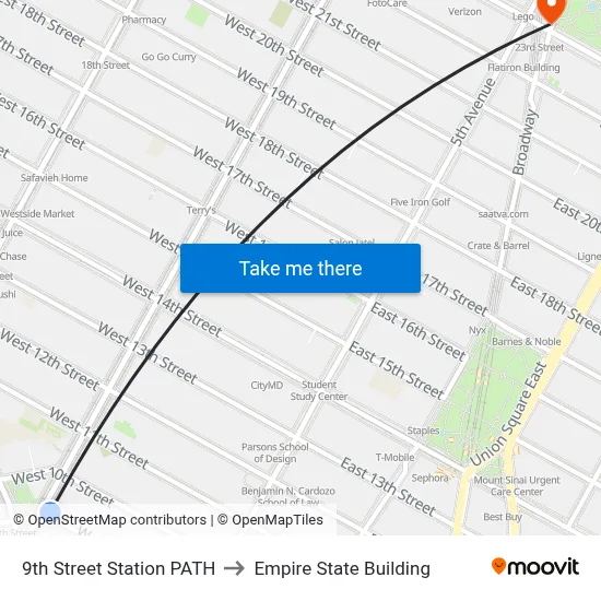 9th Street Station PATH to Empire State Building map