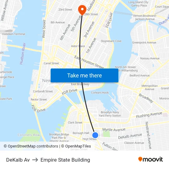 DeKalb Av to Empire State Building map