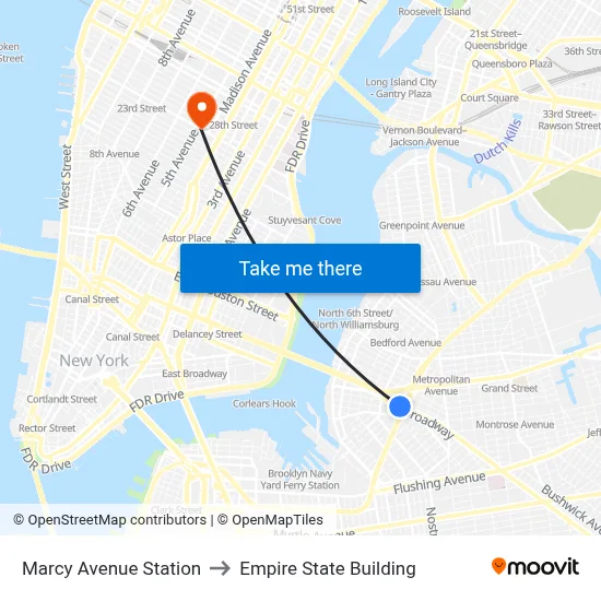 Marcy Avenue Station to Empire State Building map