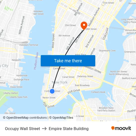 Occupy Wall Street to Empire State Building map