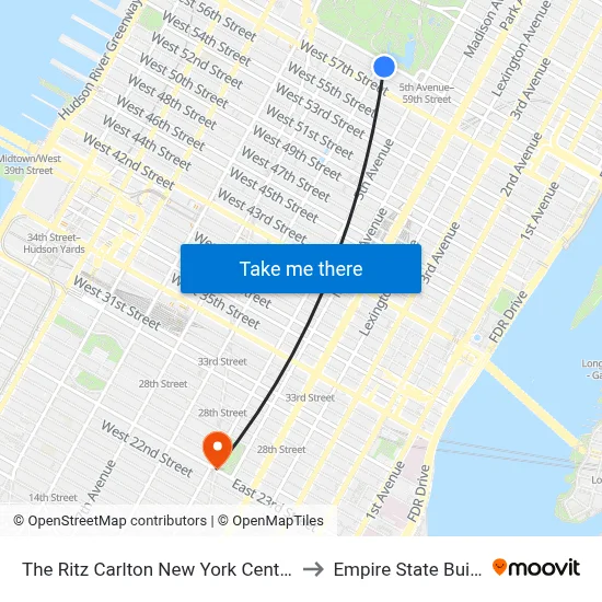 The Ritz Carlton New York Central Park to Empire State Building map