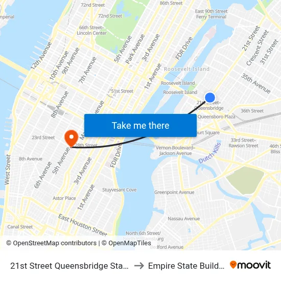 21st Street Queensbridge Station to Empire State Building map