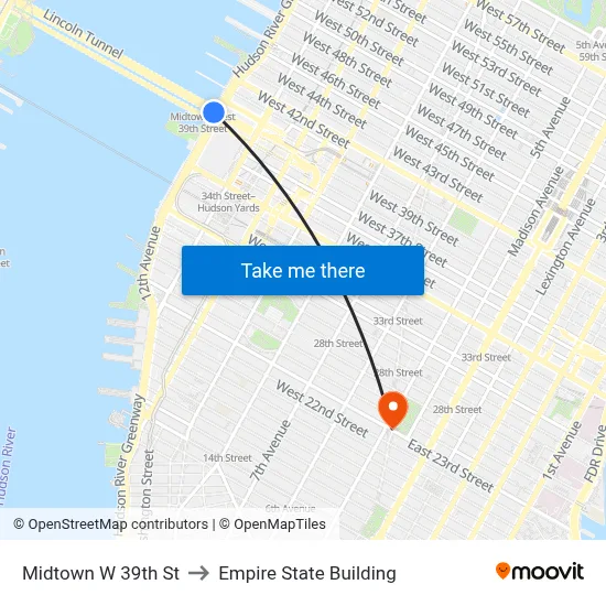 Midtown W 39th St to Empire State Building map