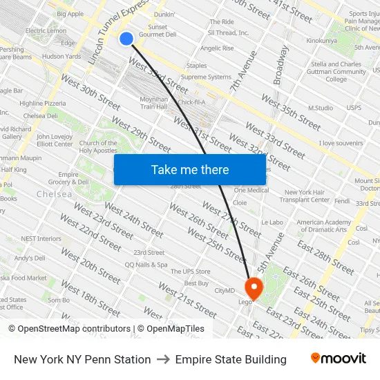 New York NY Penn Station to Empire State Building map