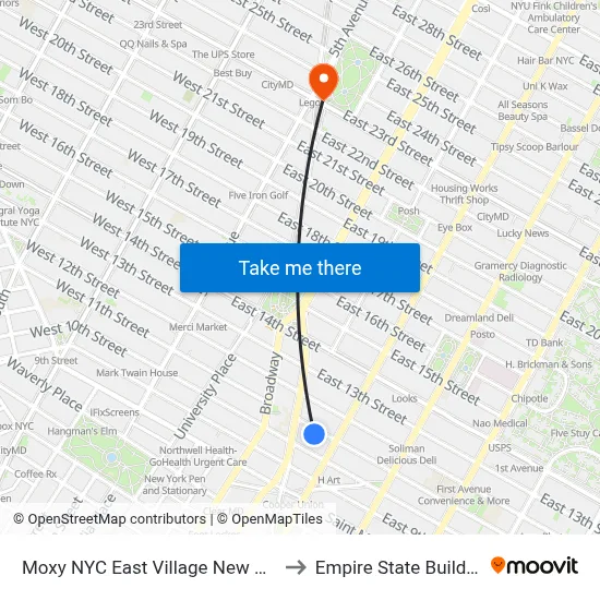 Moxy NYC East Village New York to Empire State Building map