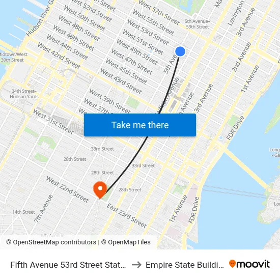 Fifth Avenue 53rd Street Station to Empire State Building map