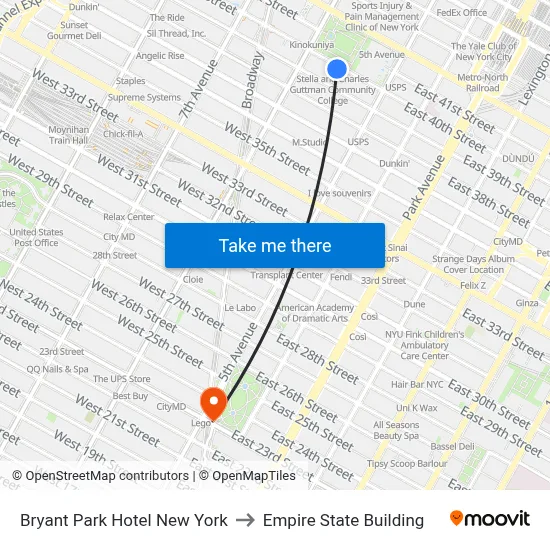 Bryant Park Hotel New York to Empire State Building map