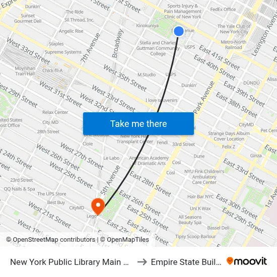 New York Public Library Main Branch to Empire State Building map