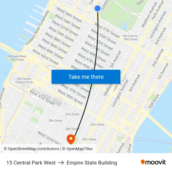 15 Central Park West to Empire State Building map