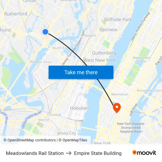 Meadowlands Rail Station to Empire State Building map