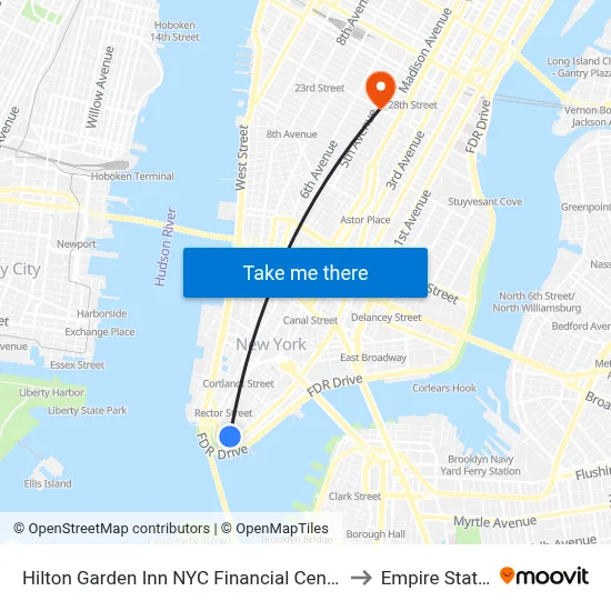 Hilton Garden Inn NYC Financial Center/Manhattan Downtown to Empire State Building map