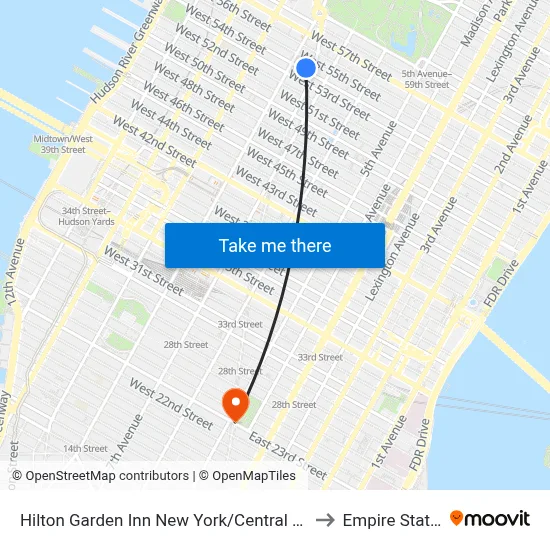 Hilton Garden Inn New York/Central Park South-Midtown West to Empire State Building map