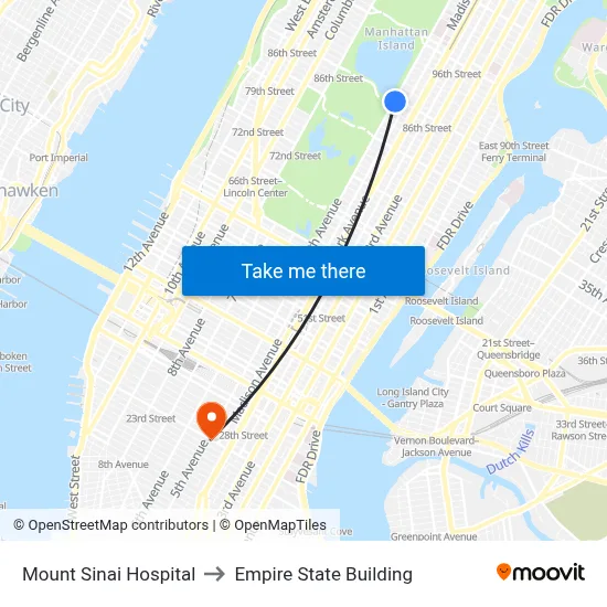 Mount Sinai Hospital to Empire State Building map