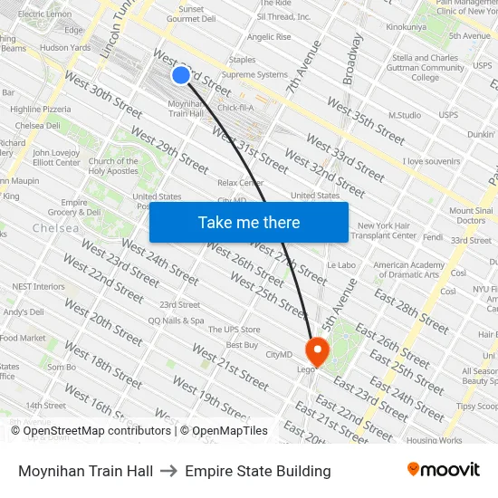 Moynihan Train Hall to Empire State Building map