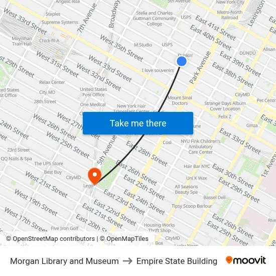 Morgan Library and Museum to Empire State Building map