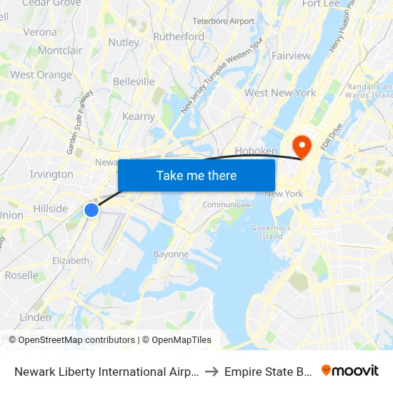 Newark Liberty International Airport Station to Empire State Building map