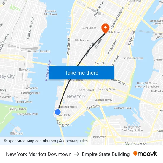 New York Marriott Downtown to Empire State Building map