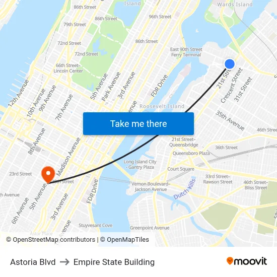 Astoria Blvd to Empire State Building map