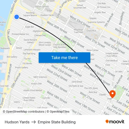 Hudson Yards to Empire State Building map