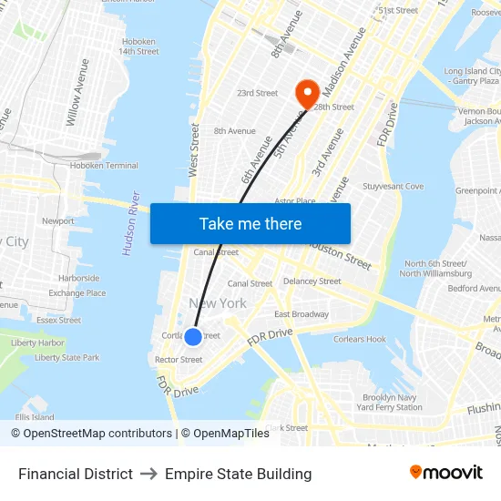 Financial District to Empire State Building map