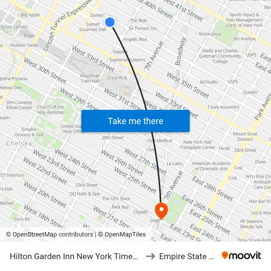Hilton Garden Inn New York Times Square South to Empire State Building map
