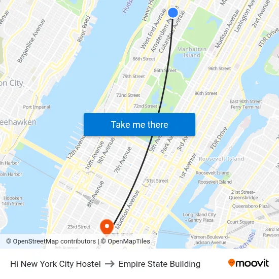 Hi New York City Hostel to Empire State Building map