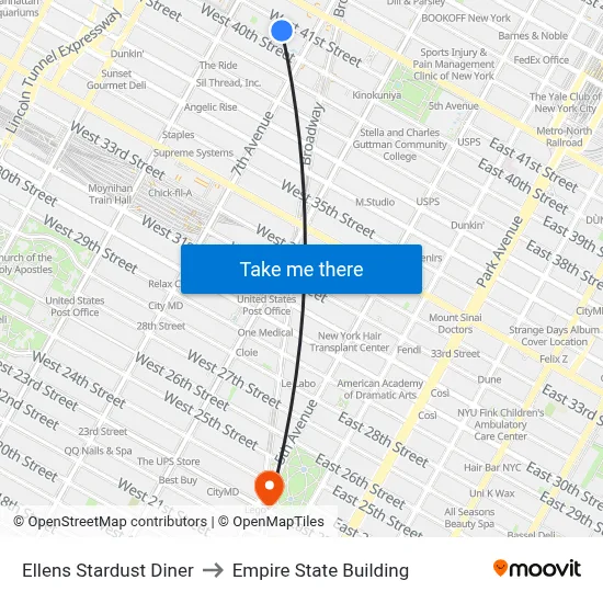 Ellens Stardust Diner to Empire State Building map