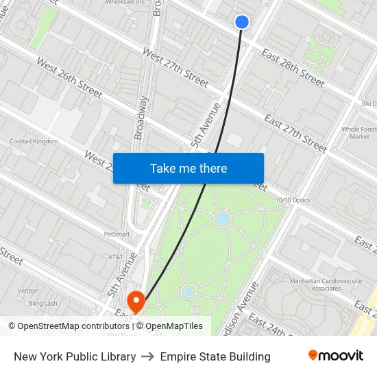 New York Public Library to Empire State Building map
