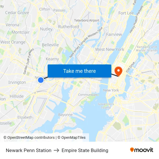 Newark Penn Station to Empire State Building map