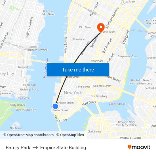 Batery Park to Empire State Building map