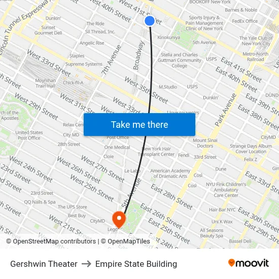 Gershwin Theater to Empire State Building map