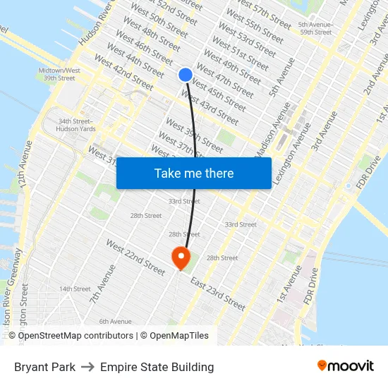 Bryant Park to Empire State Building map