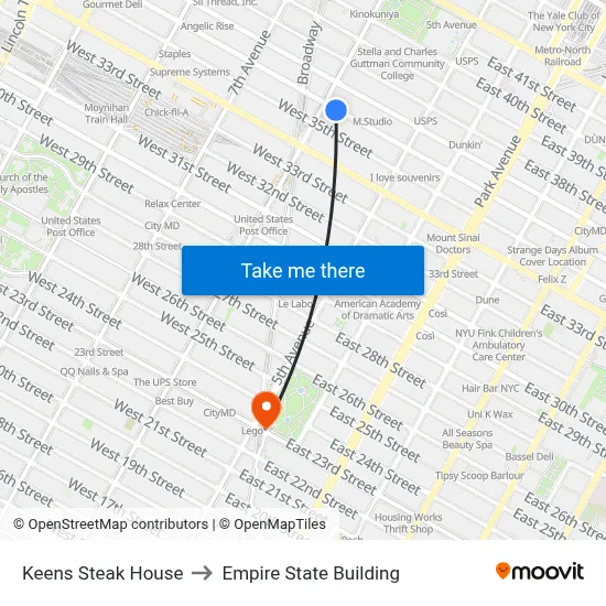 Keens Steak House to Empire State Building map