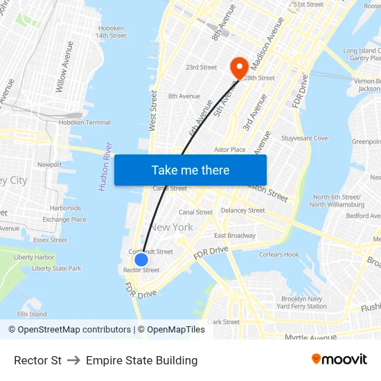 Rector St to Empire State Building map