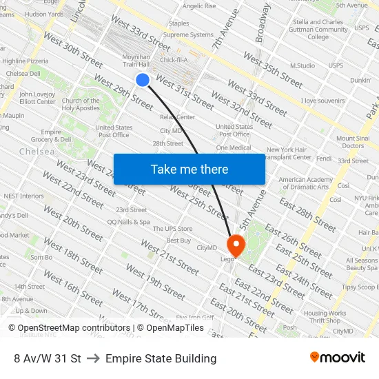 8 Av/W 31 St to Empire State Building map