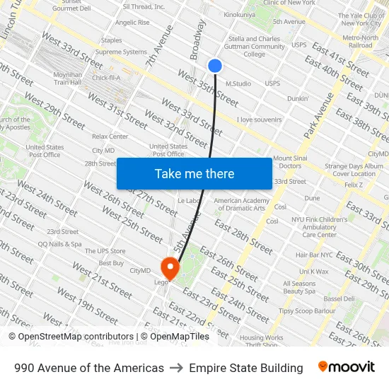 990 Avenue of the Americas to Empire State Building map