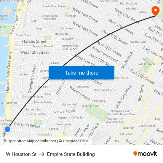 W Houston St, New York (New York City), NY 10014 to Empire State Building map