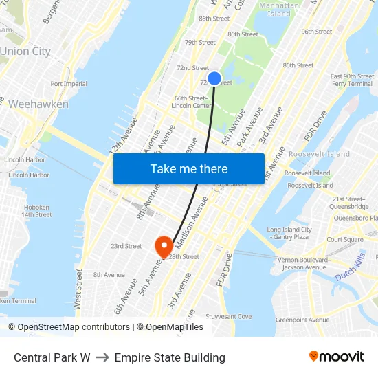 Central Park W to Empire State Building map
